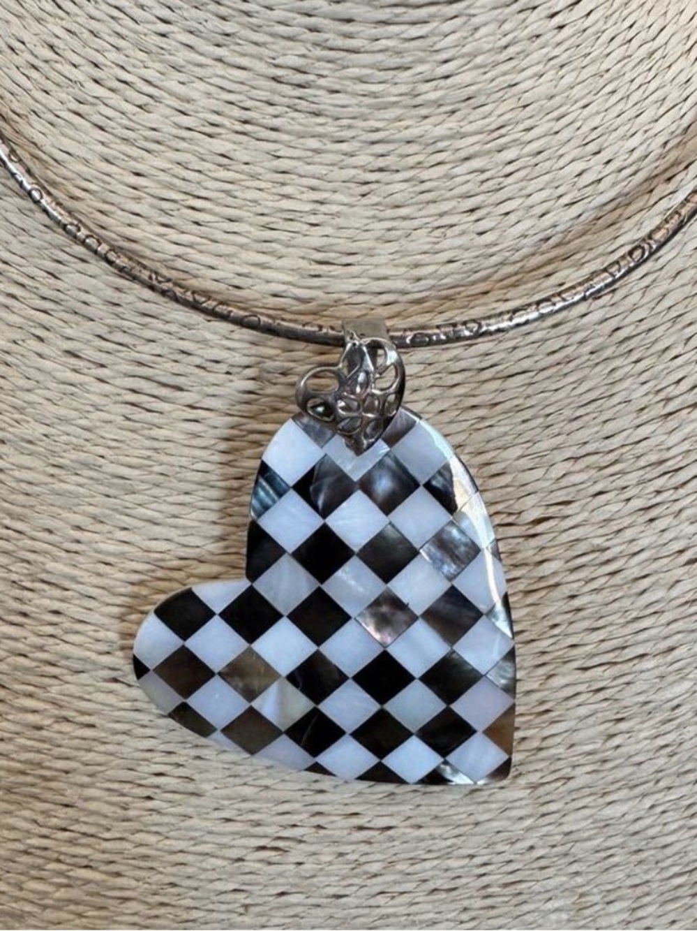 Abalone Shell Heart Pendant Sterling Silver Large Checkered Statement Necklace